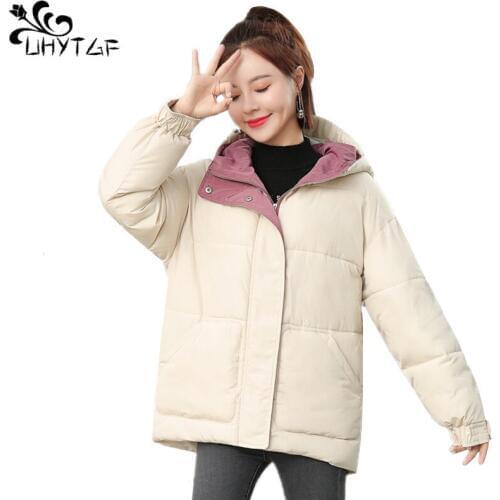 UHYTGF Winter Coat Women Down Jacket Loose Plus size Korean fashion Female Winter Jacket Hooded Women Down cotton Parka X571