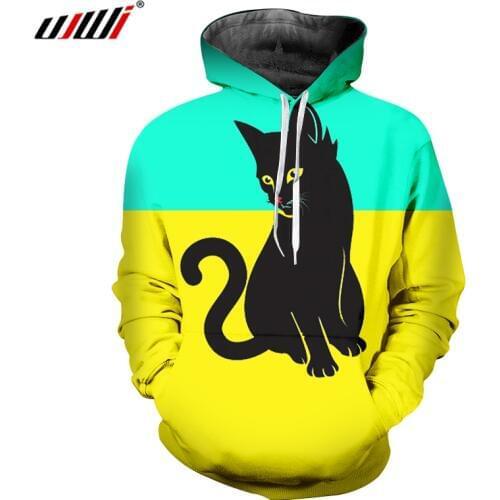 UJWI Man New Lovely Animal Hoodies 3D Printed Cat Best Selling Green Yellow Stitching Wholesale Personality Mens Pullover