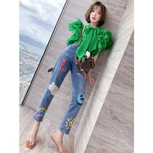 Top Quality Contrast Sequin Beaded print letter high waisted JEANS New Summer