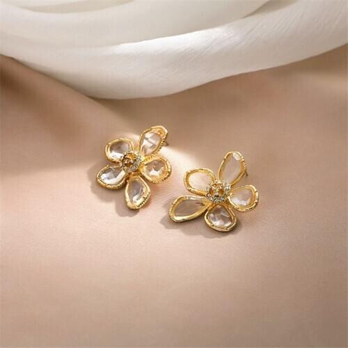 Fashion Geometry Crystal Stud Earrings Women Wedding Jewelry Transparent Flowers Metal Glass Elegant Hyperbole Big Earrings