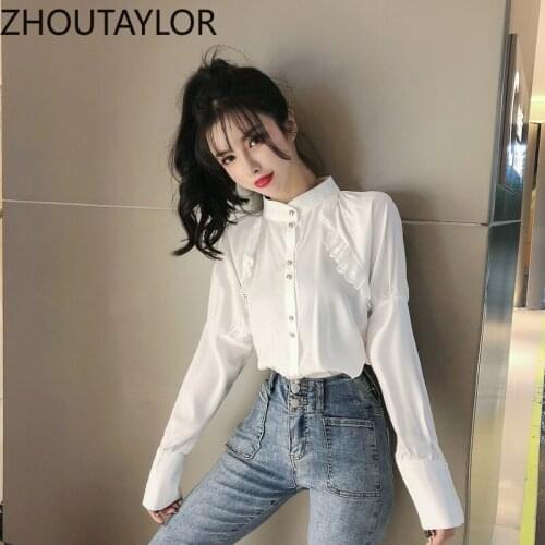ZHOUTAYLOR Women Shirts Office Lady Stand Collar Tops Femme Full Shirt Sleeve Straight Single Breasted Blouses Female S0692
