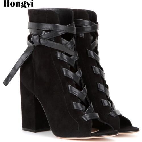 Hongyi New Design Women Lace Up Suede Boots Black Open Toe High Heels Shoes Spring Autumn Woman Ankle Boots Size 43