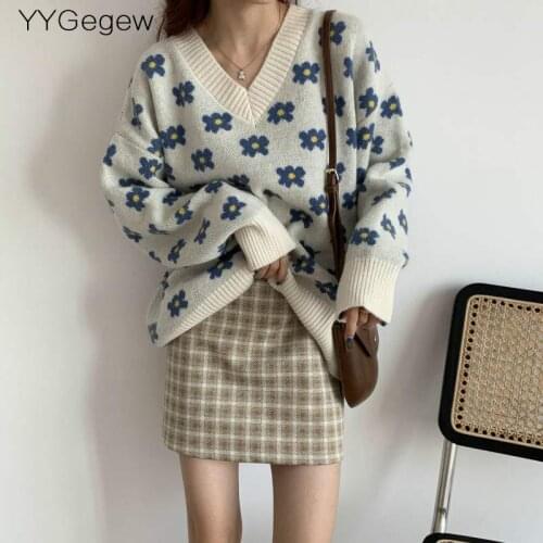 2021 New oversize floral sweater thick Sweater Women Pullover Casual v-neck Long Sleeve Female Jumpers chic loose big sweater