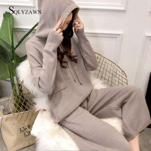 Knitted 2 Pieces Set Tracksuits Women 2019 Autumn Winter Thick Hooded Sweater+Wide Leg Ankle-Length Pants Warm Cashmere Suit