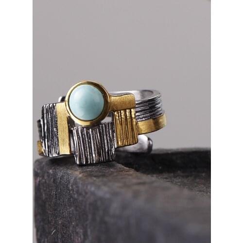 Vintage Thai Silver Jewelry Custom Natural Ore Area Turquoise Handmade S925 Sterling Silver Female Simple Inlay Open Ended Ring