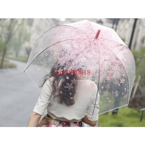 20pcs/lot DHL Fedex Free Shipping Transparent Clear Cherry Blossom Umbrella Women Rain Sakura Long Handle Umbrellas 4 colors