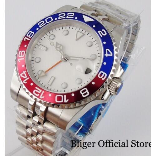 BLIGER Men Mechanical GMT Self Winding Wristwatch Date Rotating Bezel Jubilee Bezel Sterile Dial