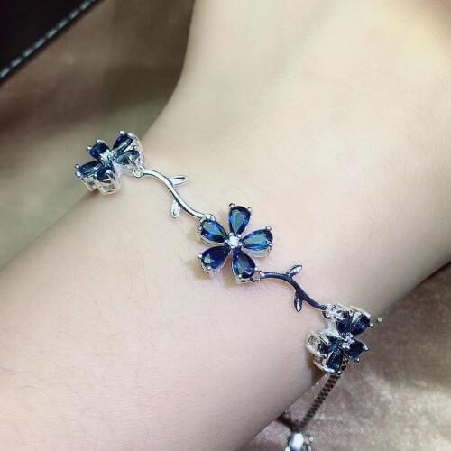 Flower Natural And Real sapphire chain bracelet Free shipping Natural real green sapphire 925 sterling silver Fine jewelry