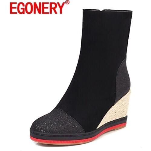 EGONERY Woman Ankle Boots Round Toe Platform Wedges High Heels Side Zipper Flock Winter New Style Sexy Lady Party Sexy Shoes