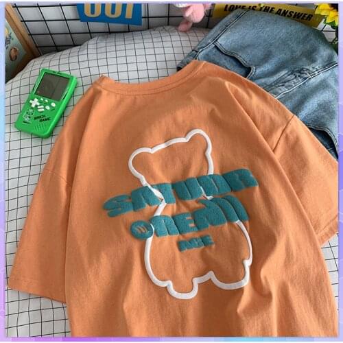 Lovely Bear Oversized T-shirt Female 2021 Summer Loose Short-sleeved Print Korean Cotton Tee Shirt Half Sleeve Top Woman Tshirts