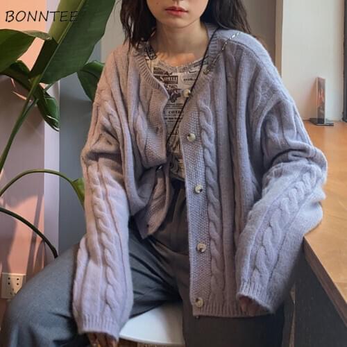 Cardigan Sweaters Women Vintage Purple Trendy Korean Winter Fall Ladies Knitwear Single Breasted Popular Loose Womens Clothing