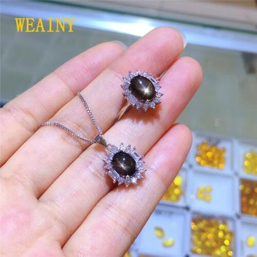 WEAINY Natural Star Sapphire Ring Pendant Two-piece Sets, S925 Sterling SilverLadies Fashion Jewelry, Very BeautifulStar Ray