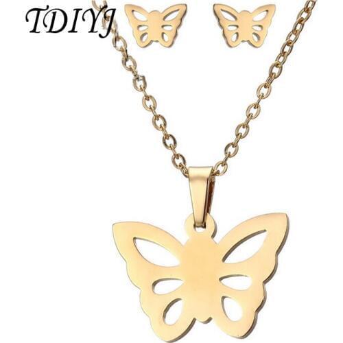 TDIYJ Fashion Stainless Steel Gold Necklace Earring Sets with Hollowed Butterfly Pendant as Jewelry Set for Women