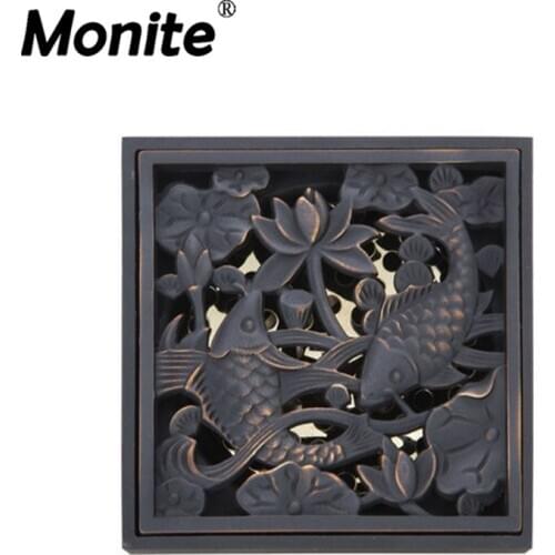 Monite Double Gold Fish Drain Bathroom Sink Basin Oil Rubbed Black Bronze Flower Carved Drain Shower Waste Drainer Floor Drain