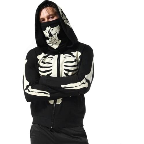 Mens Zip Through Hoodie with Snood Fashion Sweatshirts with Skull & Skeleton Printing Street Style Pullover AW21 New Male Hoody
