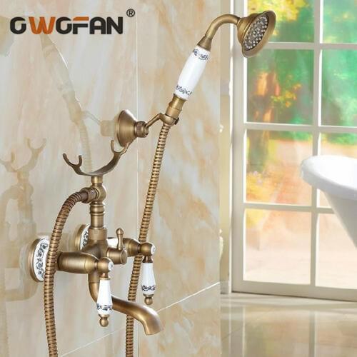 Classic Shower Faucet Set Mixer Tap Antique Bronze Decor Ceramic Brass Wall Mounted Bath Shower Tap Bathtub Faucet Crane H-01
