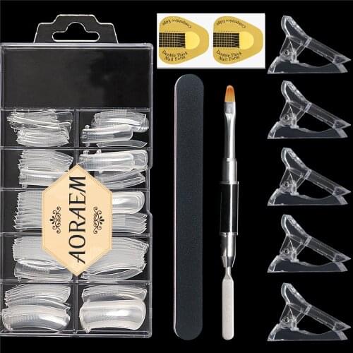 AORAEM 100PCS Clear Nail Forms Set Quick Building UV Gel Mold Kit Full Cover Extension For Manicure Poly False Nails File Clips