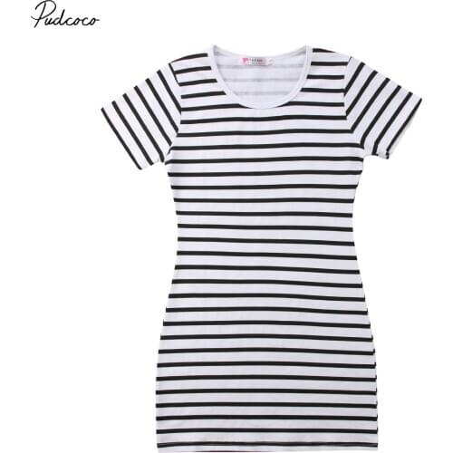 Pudcoco Family Matching Outfit Mother Daughter Summer Cotton O-neck Short Sleeve Striped Dress Helen115