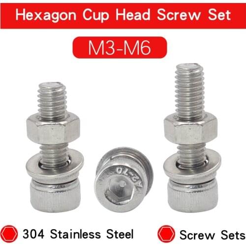 Hexagon Hex Socket Cup Head Screw Set M3 M4 M5 M6 304 Stainless Steel Machine screw With Spring Washer Plain Washer Hexagon Nut