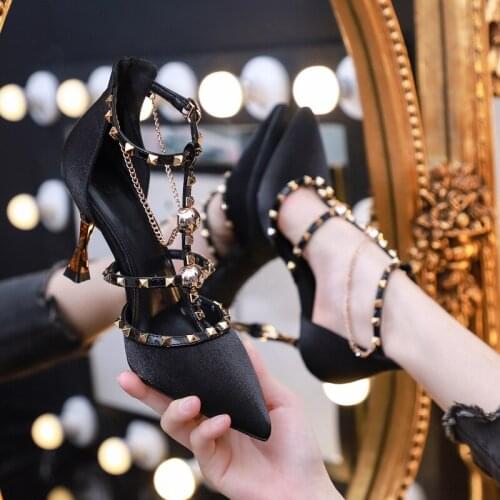 2020 summer new black high heels with thin rivets shoes Design dress sandals women pumps female fairy style with skirt cherry