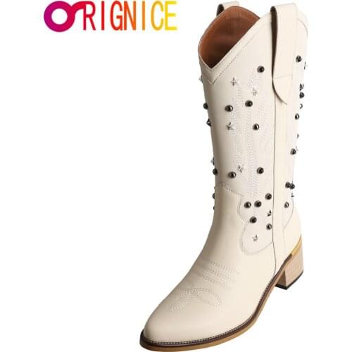 Orignice 2021 Autumn Women Western Embroider Crystal Mid-Calf Boots High Quality Leather Fabric Square Heel Pointed Toe Shoes