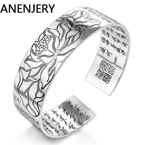 ANENJERY 925 Sterling Silver Lotus cuff bracelets bangles Tibetan Buddhist scriptures language female hand jewelry S-B03