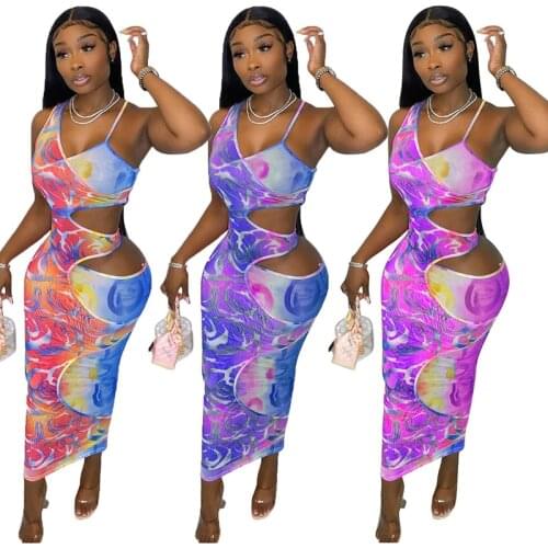 2021 Sexy Multi Printed Women Long Dress Summer Deep V Neck Cami Strap Waist Hollow Out Long Maxi Dress Fitness Club Wear