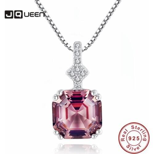 JQUEEN 925 Sterling Silver Necklace Luxury Morganite Stone Box Chain Square Pendant Necklace Women Anniversary Jewelry