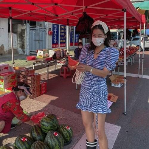 Bubble sleeve V neck careful machine belly button sexy plaid rope repair dress women