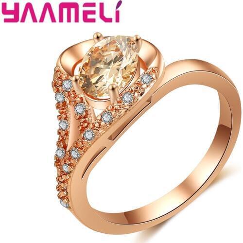 Woman Jewelry Fashion Simple Champagne CZ Crystal Prong Setting Ring Personality Female Flower Wedding Rings for Wome