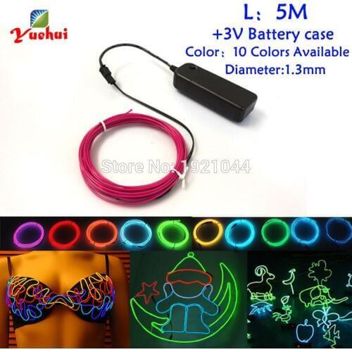 1.3mm 5Meters 3V EL Wire 360 Degrees Of Illumination Flexible Glow Rope tape Cable Strip LED Neon Lights Have 10 Color Select