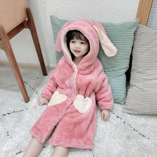 2021 Children Winter Pajamas Hooded Cartoon Bathrobe Princess Flannel Robe Set Girl Boys Sleepwear Coral Velvet Home Clothes