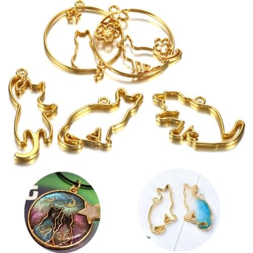 5pcs/set Handmade Naughty Cat Blank Metal Frame Pendant for Open Bezel Setting UV Resin Jewelry Making Accessories Casting Craft