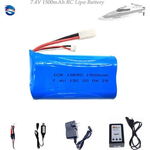 7.4V 1500mAh Lipo Battery With Charger For FT009 955 948 RC Boat Speedboat Parts 18650 Battery EL-2P Plug Lipo 2S 15C RC Battery