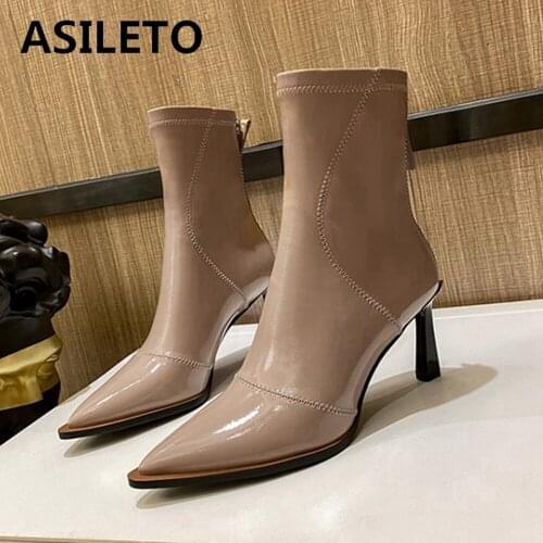 ASILETO 2021 Women Mid-Calf Boots Sexy Solid Color Leather Strength Elastic Boots Pointed Toe Thin Heels Stiletto Party S2378