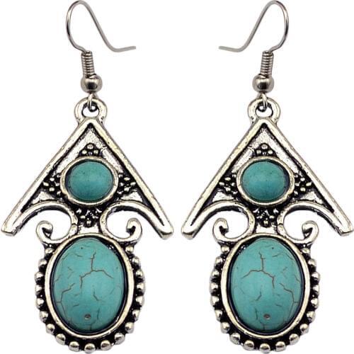 Bohemian Vintage Jewelry Anchor Hook Earrings Tibetan Metal Drop Earrings Long Pendant Dangle Ethnic Green Stone Earrings