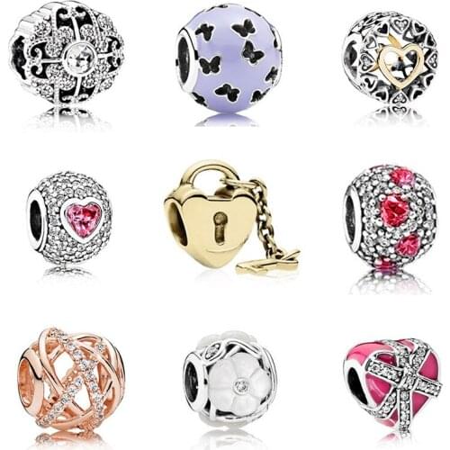 New Fashion Wild 925 Sterling Silver Pds Love Button Heart-shaped Charm Gold Lock String Diy Jewelry Original Ladies Gift