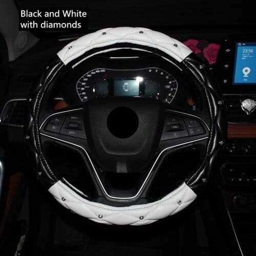 Car steering wheel cover leather black and white blue purple red for women bling diamond car interior accessories 38cm 15 inch