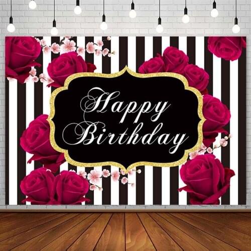 Rose Peach Blossom Backdrops Woman Happy Birthday Party Black White Stripes Banner Photography Background Photo Studio Photozone