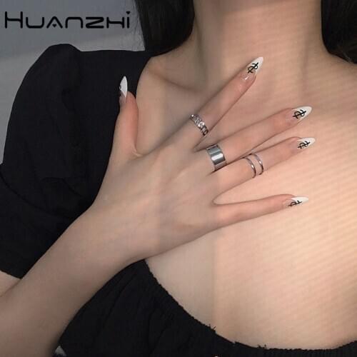 HUANZHI 2020 New Hip Hop 3 pcs/set Harajuku Twist Hollow Geometric Open Adjustable Metal Ring for Women Girls Party Jewelry