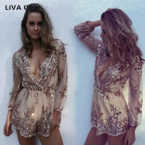 Liva girl Deep v sequin playsuit women Tassel short mesh bodysuit summer beach club elegant jumpsuit rompers embroidery leotard