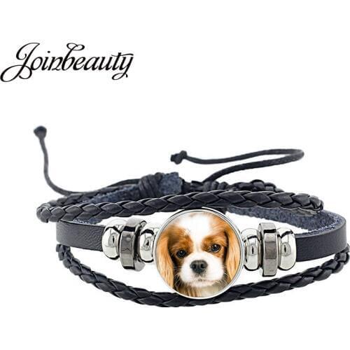 JOINBEAUTY Fashion Lovely Animal Pets Dogs Glass Cabochon Bracelet Dog Handmade Multilayer Leather Bracelet Jewelry DG13