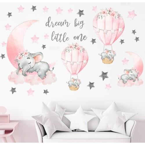 Cartoon Pink Baby Elephant Wall Stickers Hot Air Balloon Mural Child Nursery Wall Decor Girl Bedroom Decor Decals for Furniture