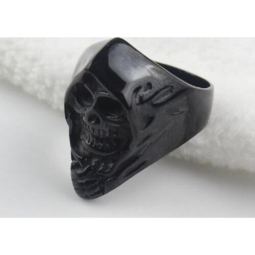 Black Mens Grim Reaper Skull Biker Stainless Steel Ring Angel of Death Gothic US Size 7-15