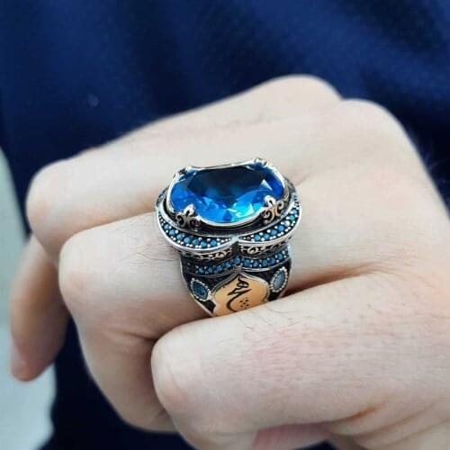 Aqua Blue Cubic Zirconia Ever Written Silver Men 'S Ring