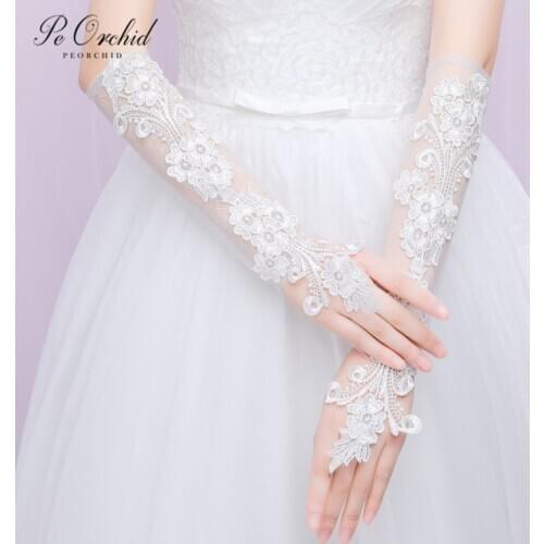 PEORCHID Vintage Wedding Gloves For Bride fingerless Transparent Lace Evening Gloves Guantes Para Novia Bridal Accessories