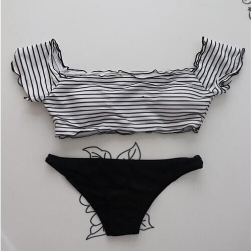 Striped tube top two-piece bikini shiny fabric swimsuit split beach suit push-ups ladies off shoulder Young Style