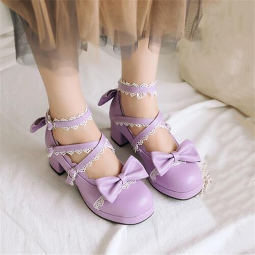 PXELENA Sweet Lolita Princess Mary Janes Shoes Bowtie Ruffles Cross Tied Strappy Cosplay Uniform Pumps Women Wedding Party Girls