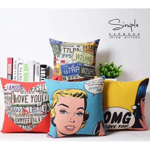 Retro Pop Art USA Multi Plates Flax Linen Pillow Soft Room Gift Single Sides Printing Case Girl Cushion Case 18"