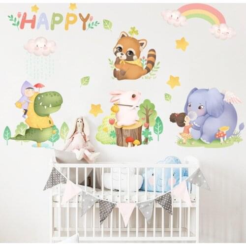 Happy Elephant Wall Stickers Kids Room Bedroom Background Decoration Wallpaper Kindergarten Classroom Waterproof Poster